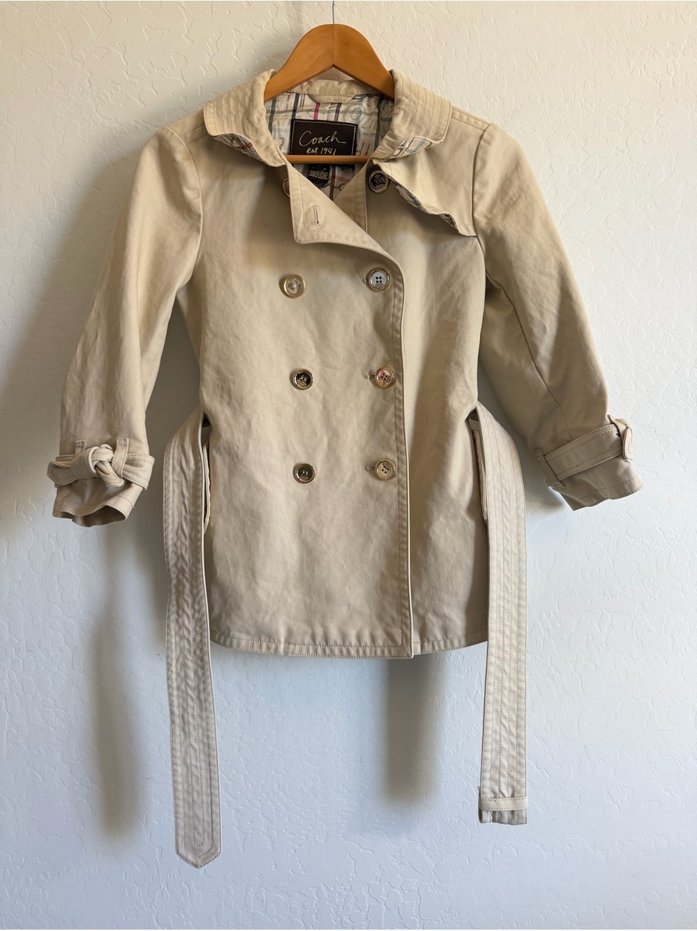 Coach Vintage Beige Double Breasted Trench Coat with Belt & Plaid Lining 2